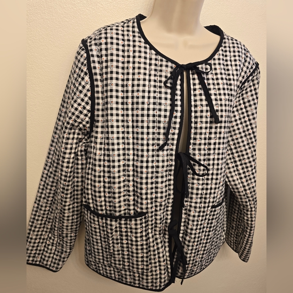 NWT C&C California Black & White Gingham Quilted Tie-Front Jacket - Picture 2 of 4